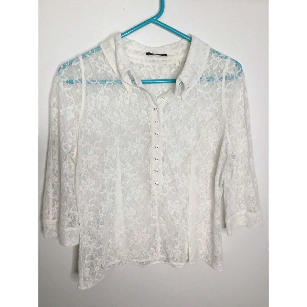 Nina Ricci Medium White Off Lace Crop 2/3 Button Front Sheer Blouse